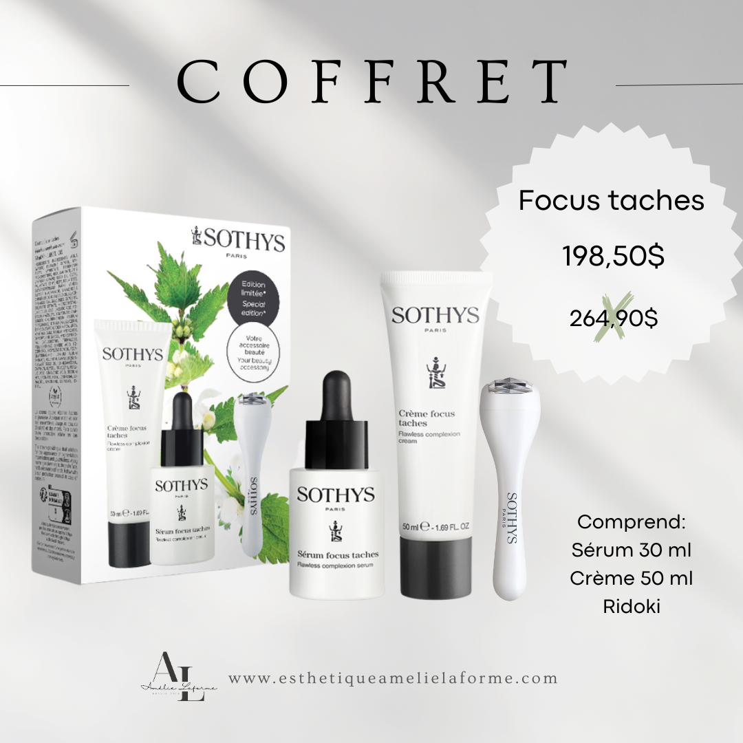 Coffret Focus Taches by Sothys with 30ml serum, 50ml cream, and Ridoki applicator for reducing dark spots and brightening skin.