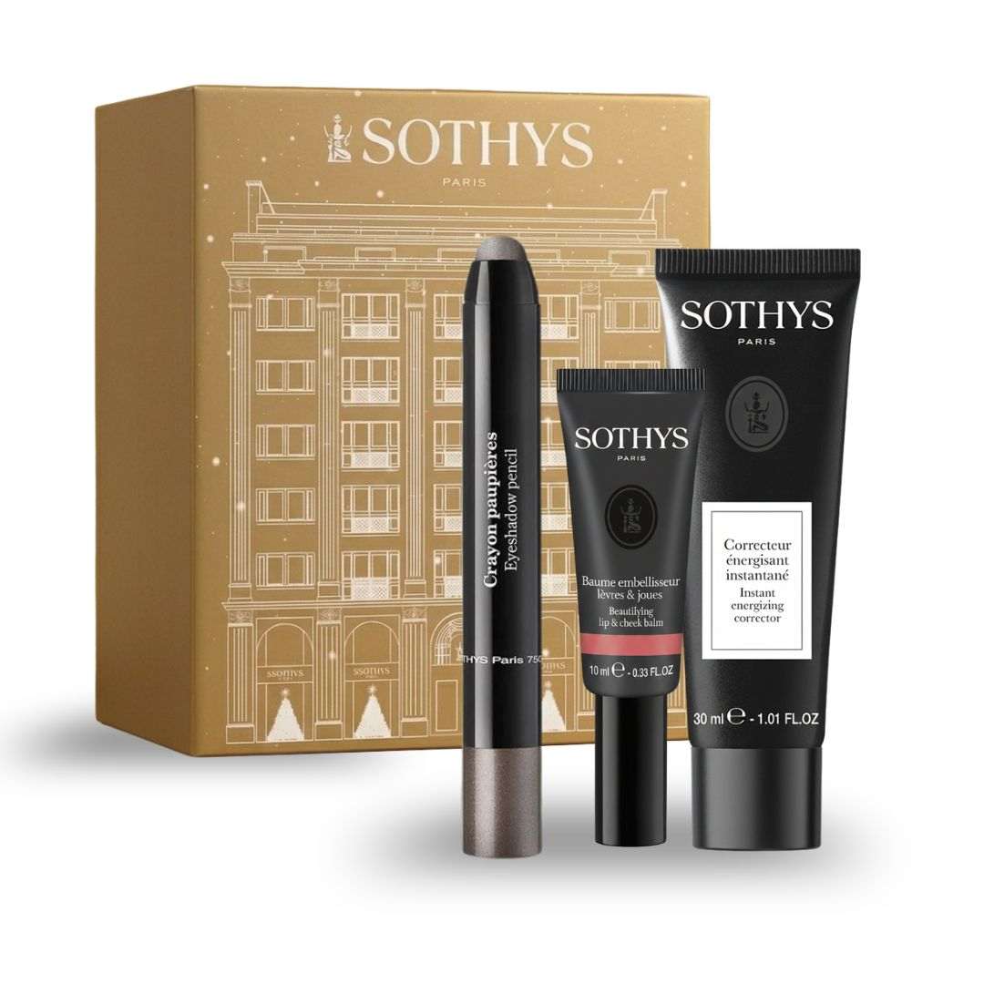Coffret de maquillage doré et noir, comprenant trois produits Sothys, dont un crayon taupe et deux soins en tube ; Prévente - Coffret maquillage