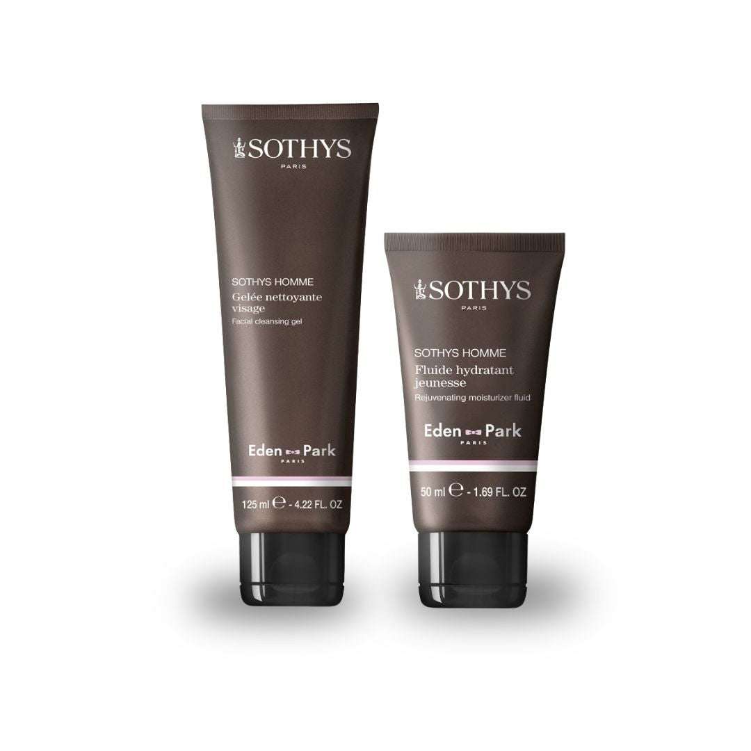 Duo homme composé de deux tubes de soins Sothys bruns, au fini mat, avec bouchons noirs et inscriptions blanches.