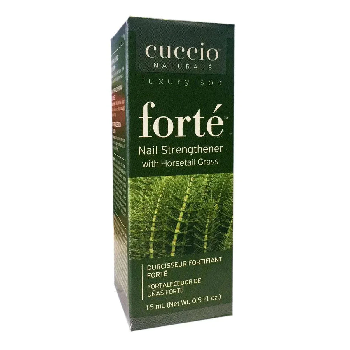 Cuccio Naturale Forté nail strengthener with horsetail grass in 15 ml packaging, formaldehyde and toluene free nail fortifiant pour ongles.