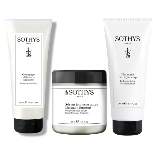 Routine corps fermeté Sothys avec sérum jeunesse, gommage sublimateur et sérum nuit pour peau lisse et ferme.