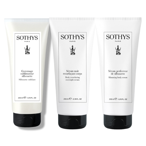 Routine anti-cellulite Sothys avec gommage, sérum nuit et perfecteur de silhouette.