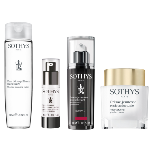 Routine anti-âge pour peau dévitalisée comprenant eau micellaire, crème contour des yeux, sérum reconstituant, et crème restructurante.