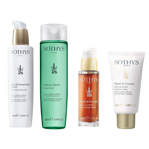 Routine anti-rougeurs diffuses, crème protective et sérum concentré Clarté & Confort, soin apaisant pour peaux à rougeurs diffuses, 50 ml et 30 ml.