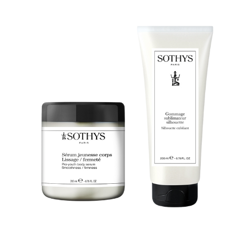 Routine corps fermeté products for smoothing and firming skin, featuring youth serum and exfoliating gel.