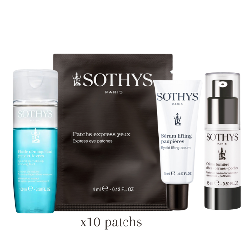 Routine contour des yeux Sothys avec démaquillant, sérum lifting, crème lumière et patchs express.