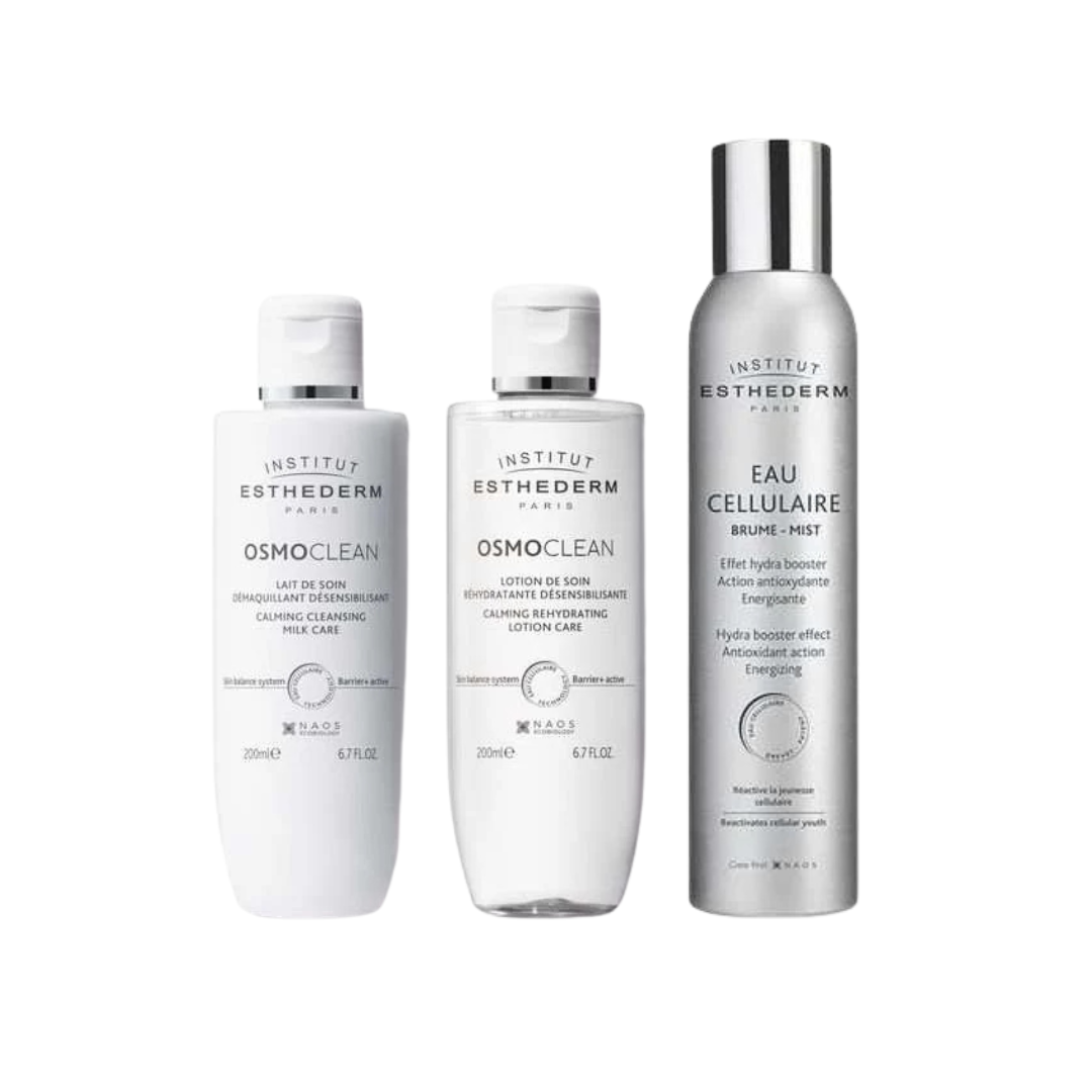 Routine essentielle skincare set with hydrating mist, cleansing milk, and soothing lotion for all skin types