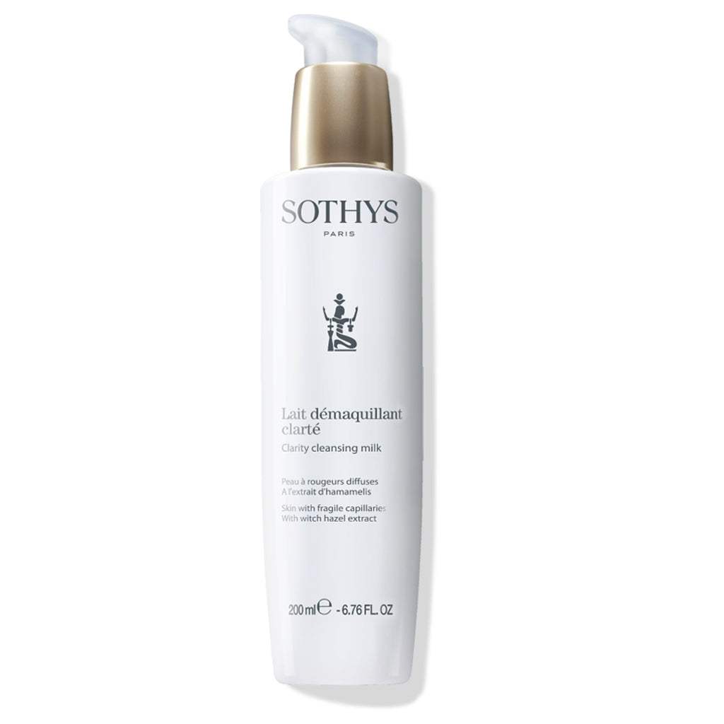 Lait démaquillant clarté bottle, 200ml, for cleansing and unifying skin with witch hazel extract.