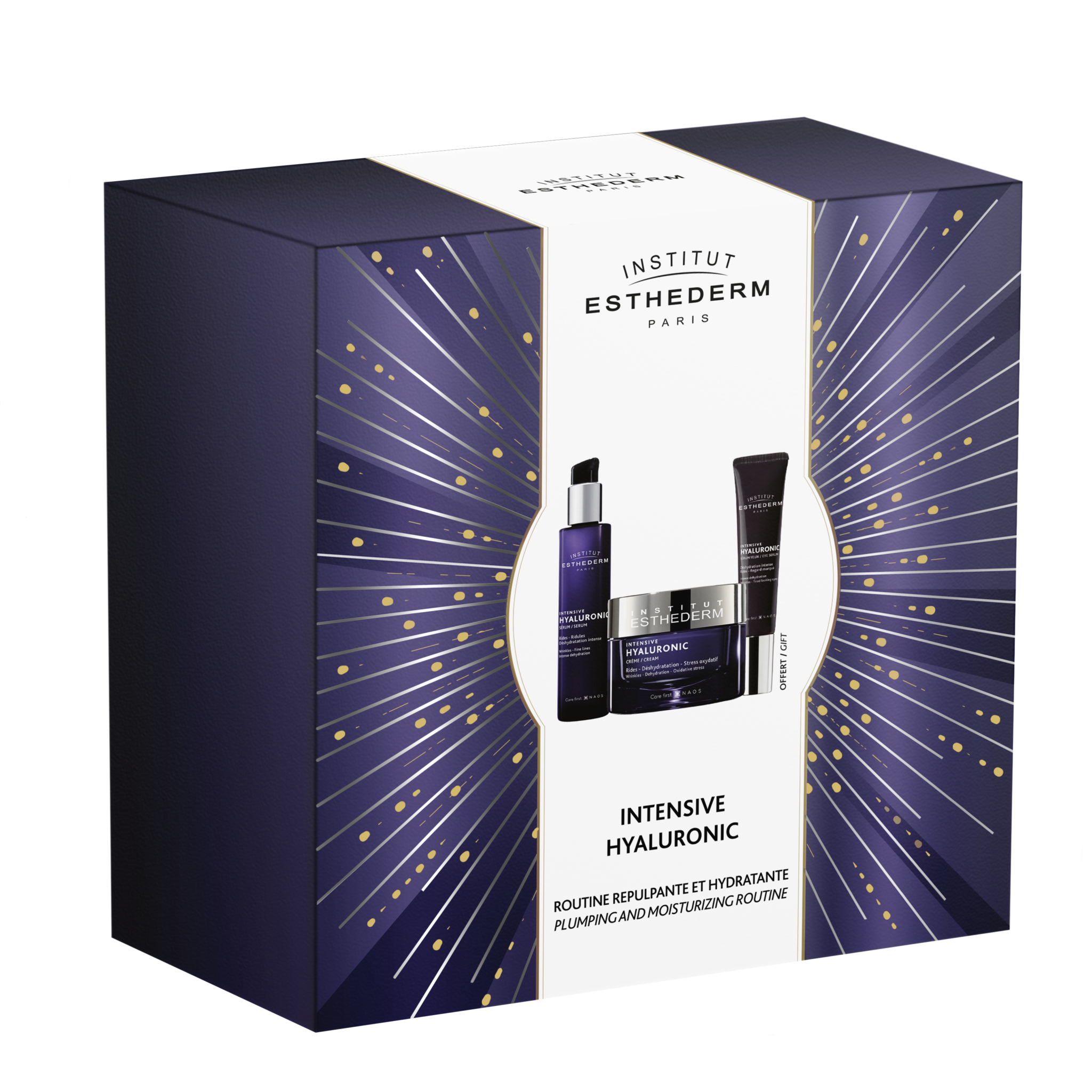 Institut Esthederm Coffret Intensive Hyaluronic skincare set with cream, serum, and eye serum for plumping and moisturizing.