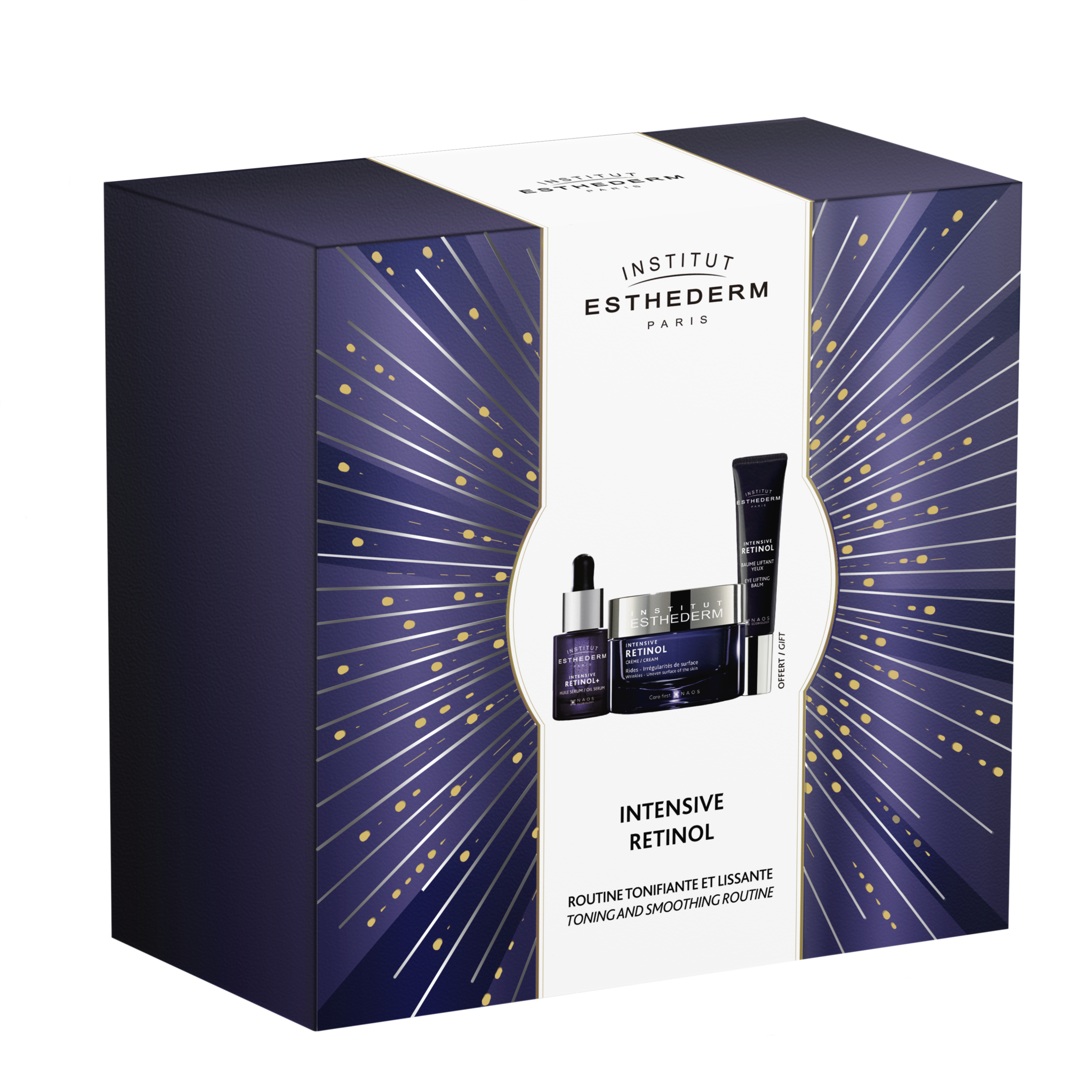 Institut Esthederm Intensive Retinol skincare gift set with cream, serum, and eye balm in decorative purple and gold packaging