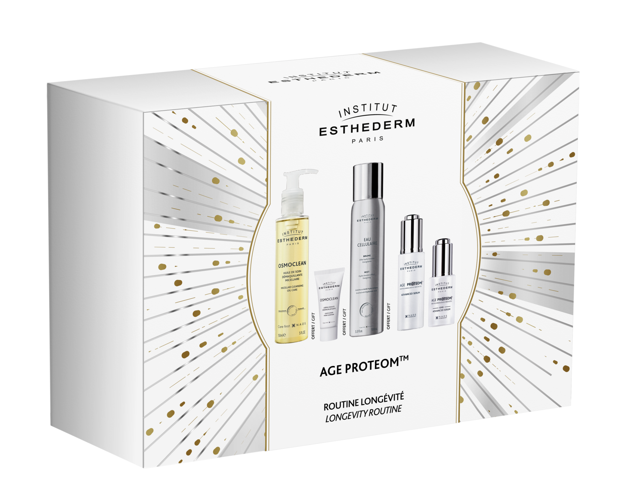 Institut Esthederm Age Proteom longevity skincare set with Sérum Age Proteom and complementary beauty products in white and gold packaging