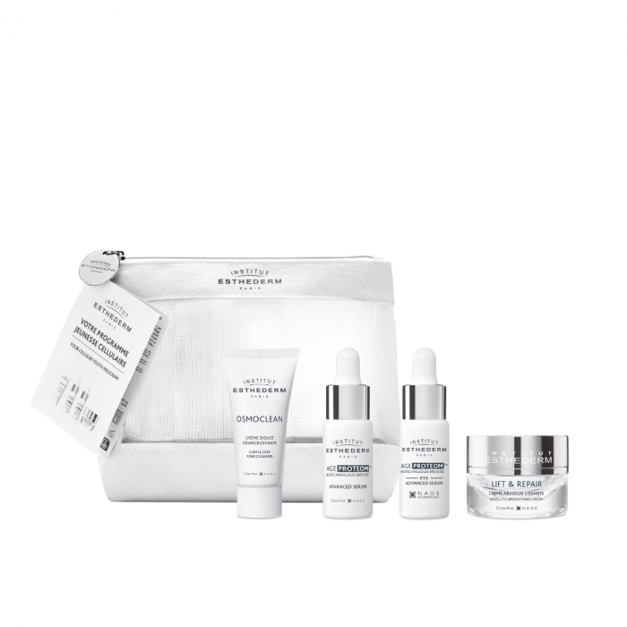 Kit découverte Jeunesse Esthederm avec crème désincrustante, sérum visage, contour des yeux et crème Lift & Repair pour peau jeune et éclatante.
