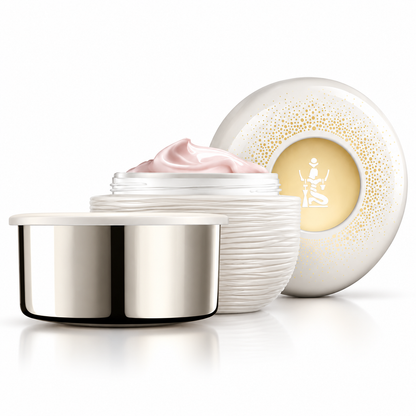 Recharge la crème 128 en pot métallique argenté, avec recharge blanche et crème rose visible, couvercle décoré de doré