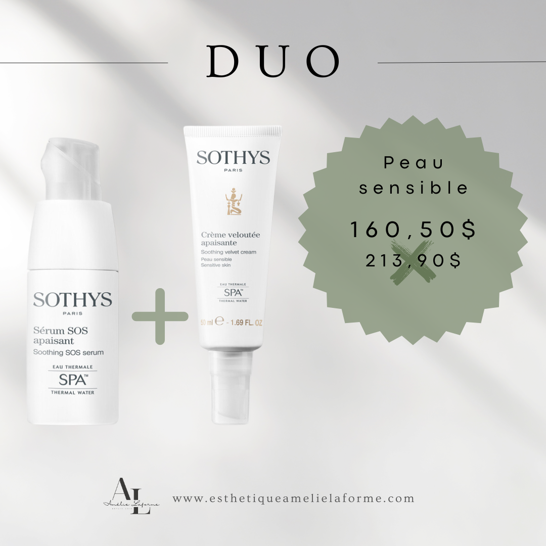 Duo Peau Sensible - Soin apaisant pour peaux sensibles, crème veloutée et sérum SOS.