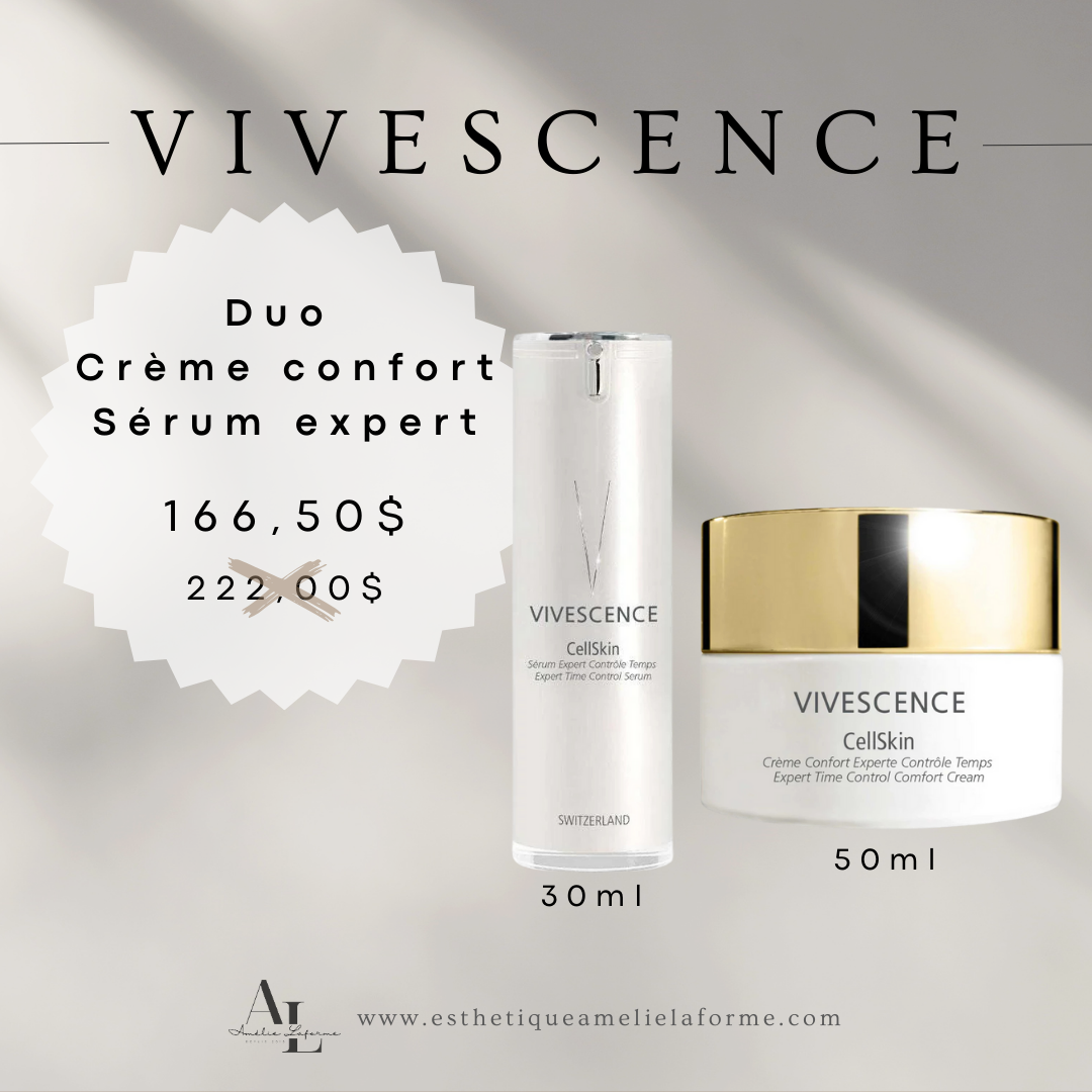Duo CellSkin - Crème Confort and Sérum Expert, 166.50$, 30ml and 50ml containers, anti-aging skincare for normal to dry skin.