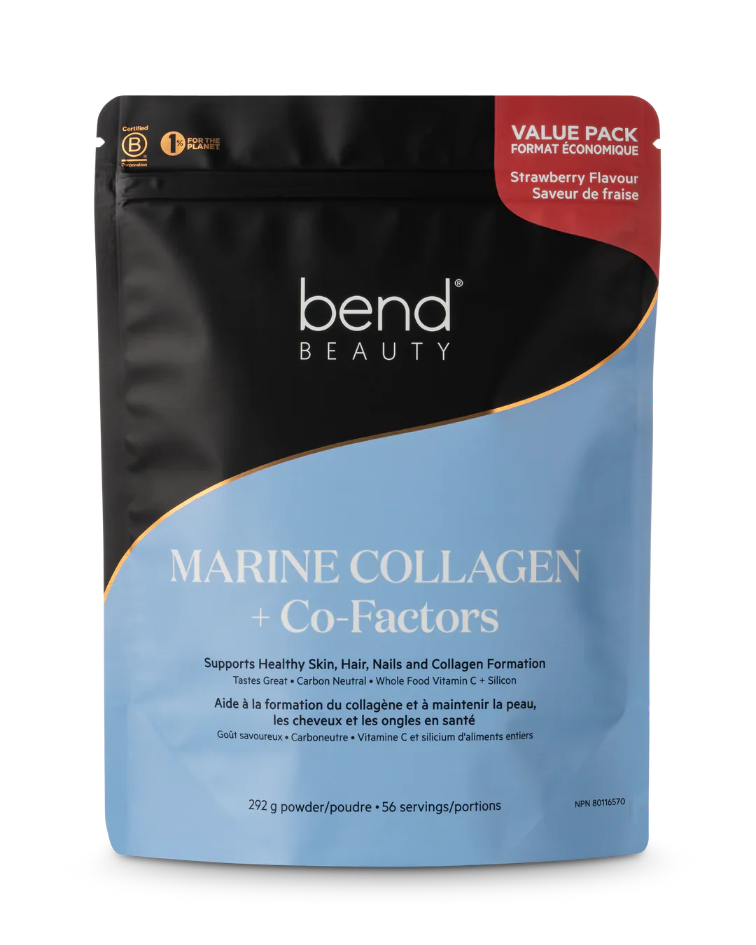 Marine Collagen and Co-Factors strawberry flavor value pack pouch 292g, supports skin, hair, and nails.