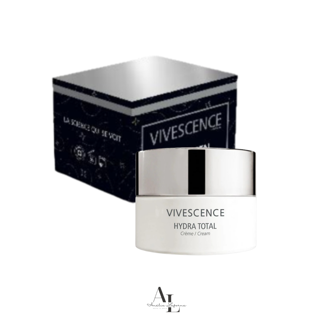 Crème Hydra Total Vivescence pour peau sèche, hydrate et protège, pot 50 ml avec boîte noire élégante