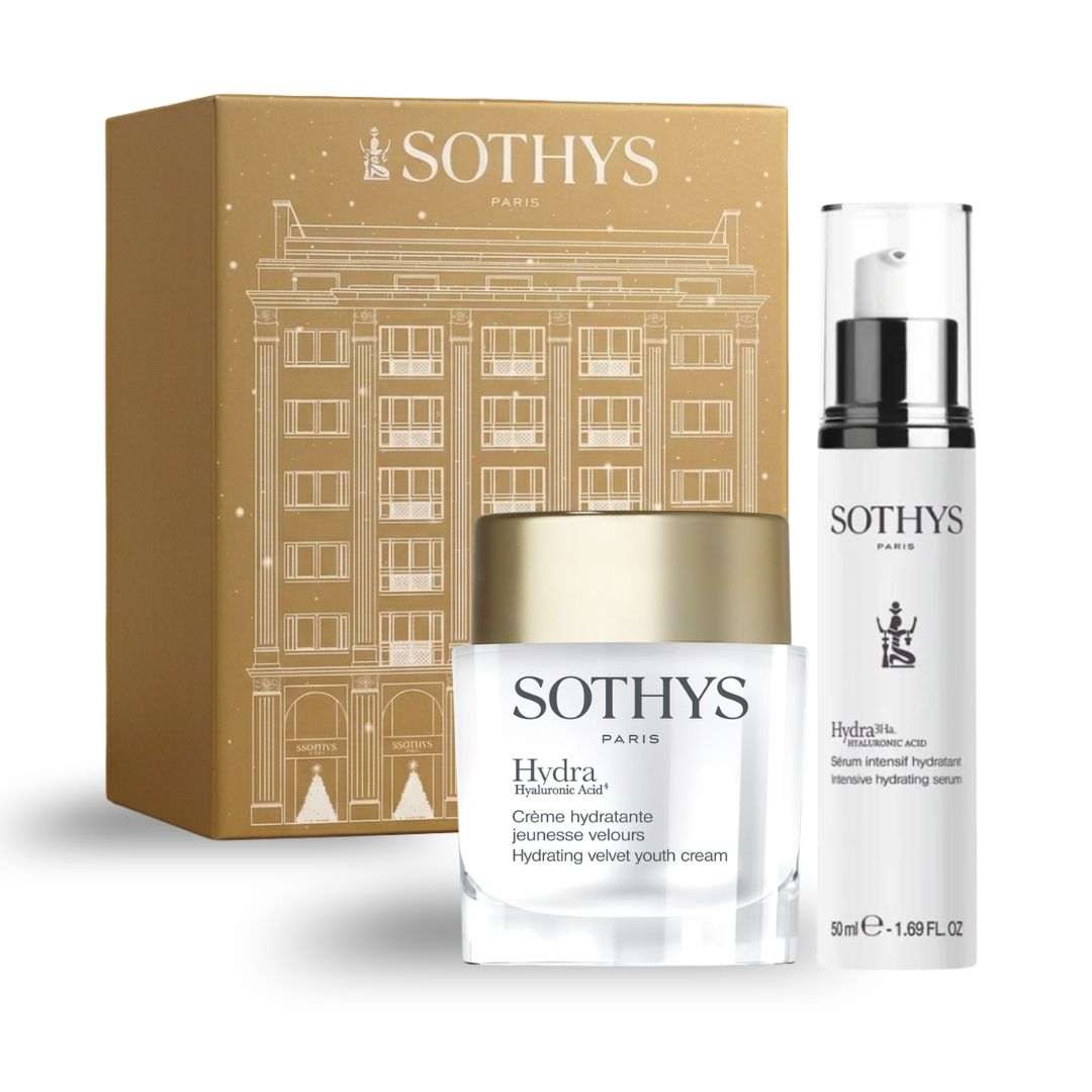 Coffret cosmétique doré et produits hydratants Sothys blancs, avec crème en pot et sérum pompe. Prévente -Coffret hydra- hyaluronic
