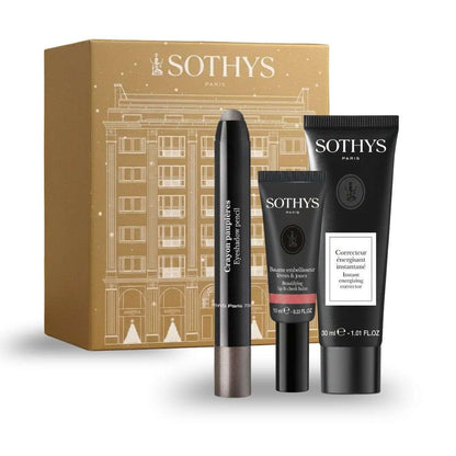Coffret de maquillage doré et noir, comprenant trois produits Sothys, dont un crayon taupe et deux soins en tube ; Prévente - Coffret maquillage