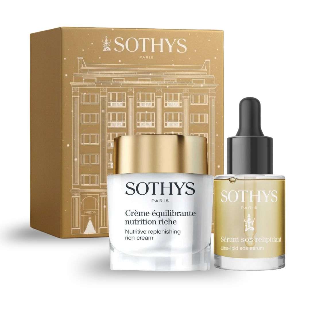 Prévente - Coffret nutrition Sothys, boîte dorée avec crème nutrition riche et sérum SOS relipidant en flacons.