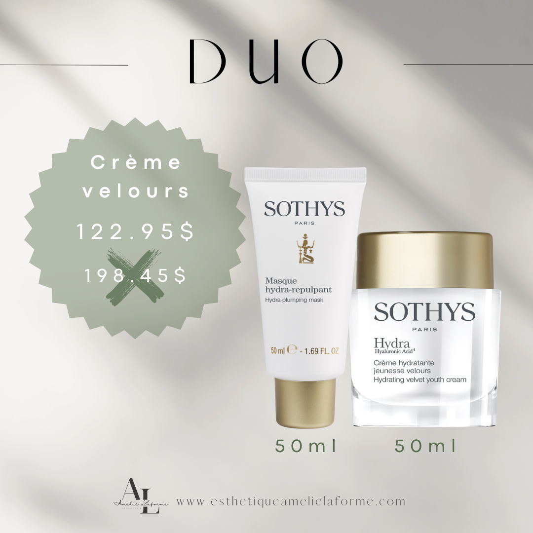 Duo crème Velours set with hydrating youth cream and hydra-repulping mask, 50 ml each, for soft, smooth skin.