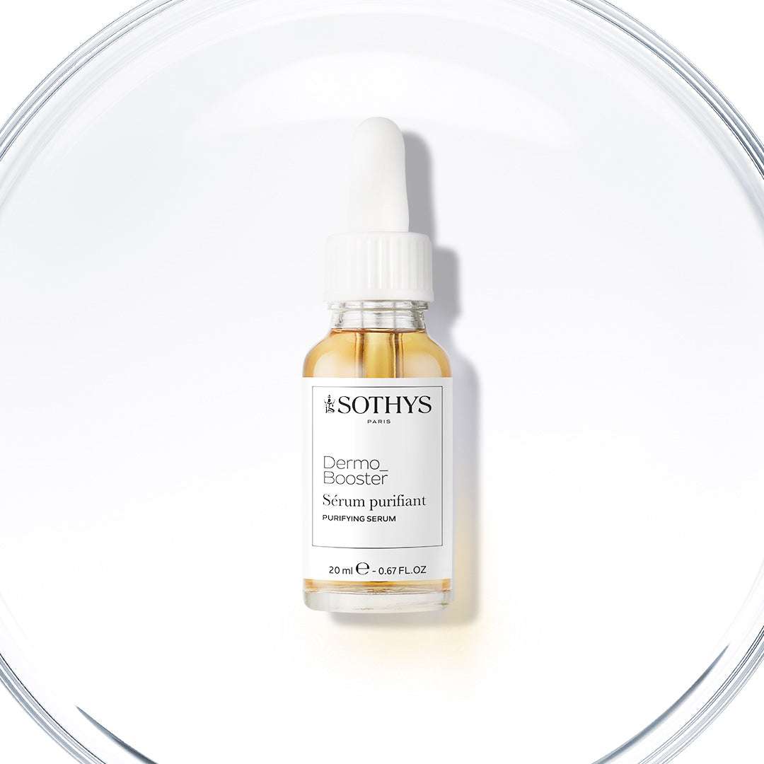 Flacon de 20 ml de Sértum Purifiant DermoBooster pour peaux mixtes à grasses, sérum texturé aqueux pour peau nette et pores affinés.