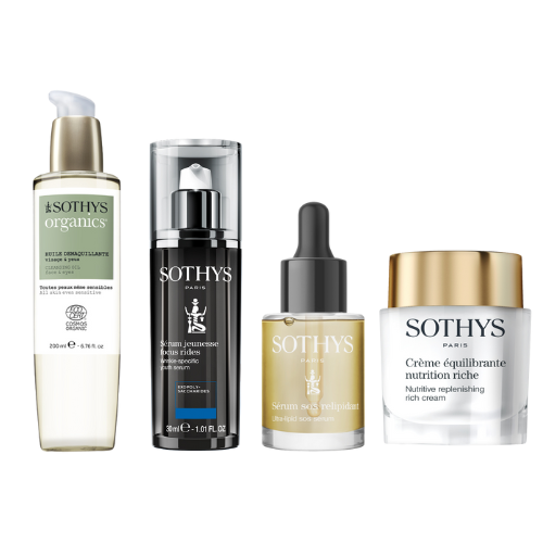 Routine beauté SOS peaux sèches, produits Sothys pour hydratation et protection cutanée.