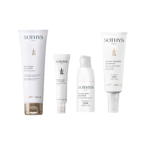 Routine de soin pour peaux sensibles avec crème veloutée apaisante, sérum SOS et masque nutri-apaisant.