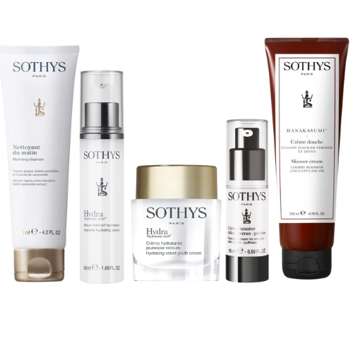 Routine coup de coeur skincare set for normal to dry skin, featuring Sothys bestsellers including morning cleanser, hydrating serum, and shower cream.