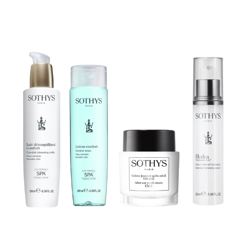 Routine du soir sous le soleil anti-âge avec lait démaquillant, lotion, sérum hydratant, et crème après-soleil anti-âge par Sothys Paris.