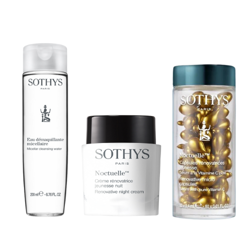 Routine beauté de nuit Sothys avec crème jeunesse et capsules rénovatrices.