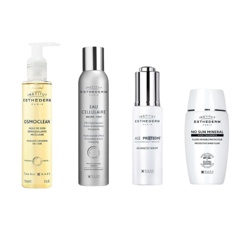 Routine soleil anti-âge for skin care, includes micellar oil, water mist, age proteom serum, and SPF 50+ mineral sun protection.