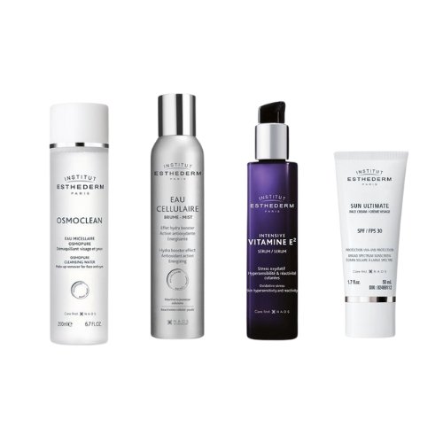Routine skincare set for sensitive skin with micellar water, hydration mist, vitamin E serum, and SPF 30 cream.