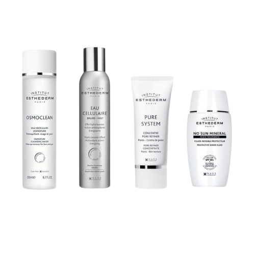 Routine soleil pour peau mixte à grasse avec quatre produits de soin Esthederm.