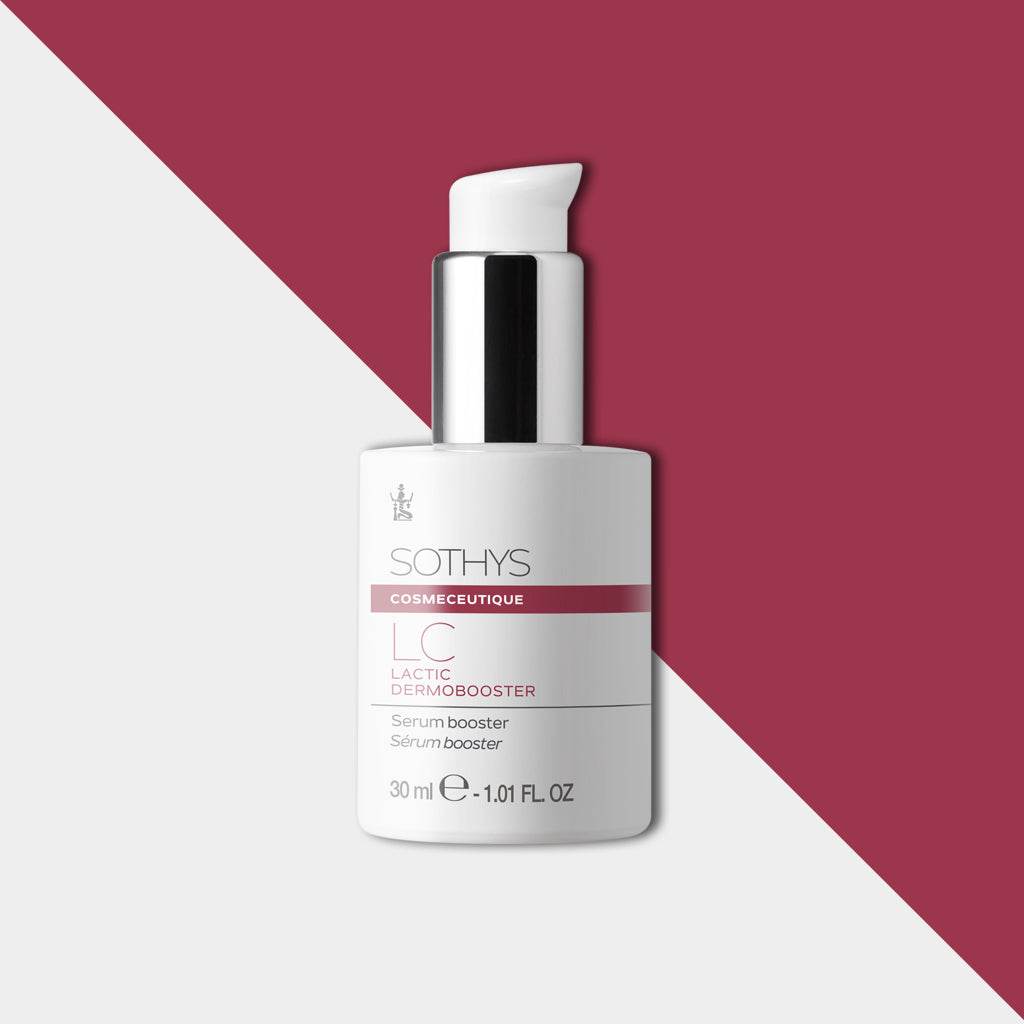 LC lactic desmobooster serum, 30 ml bottle on a red and white background.