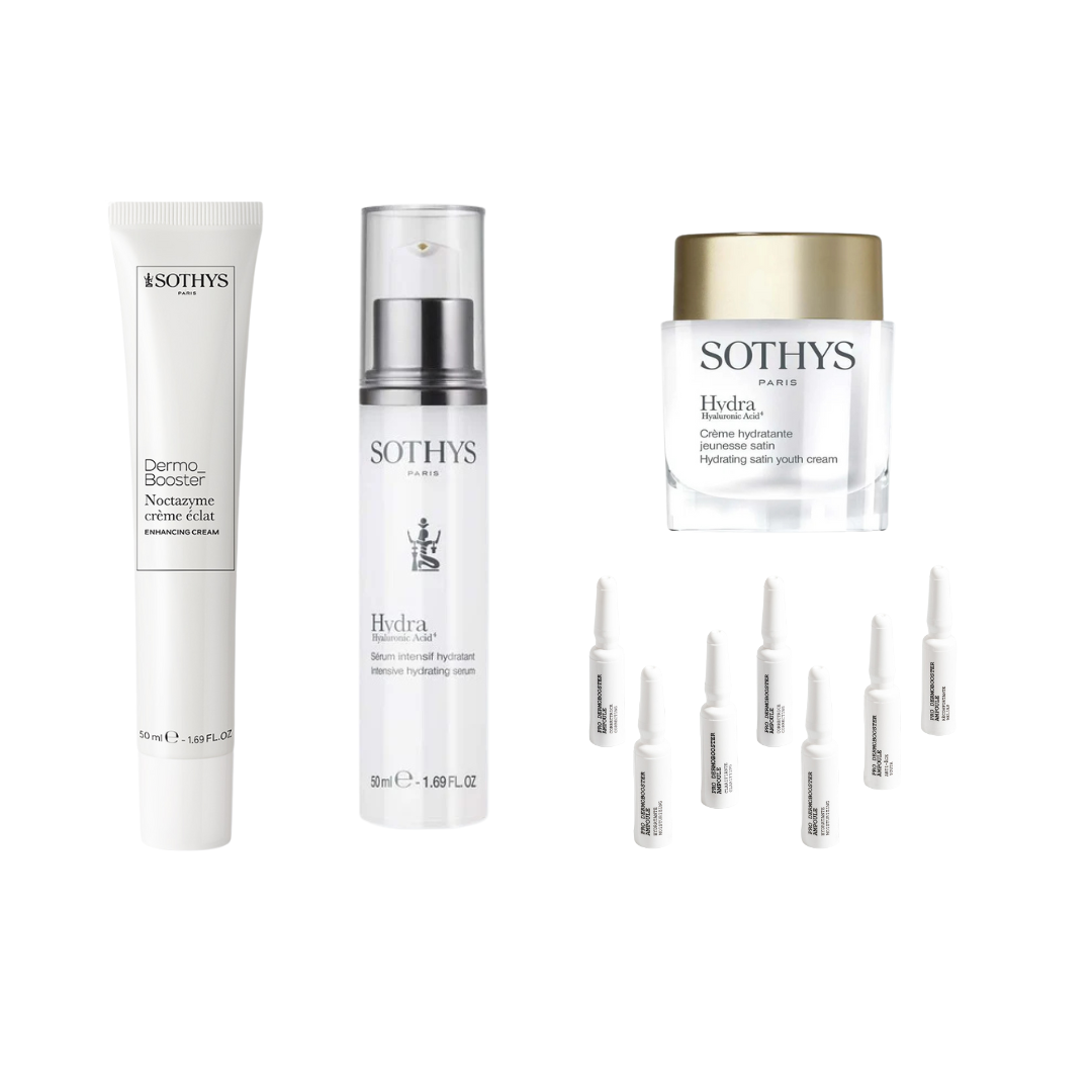 Sothys Routine Booster Hydratation skincare set with hydrating serum, satin cream, night cream, and ampoules for normal to mixed skin.