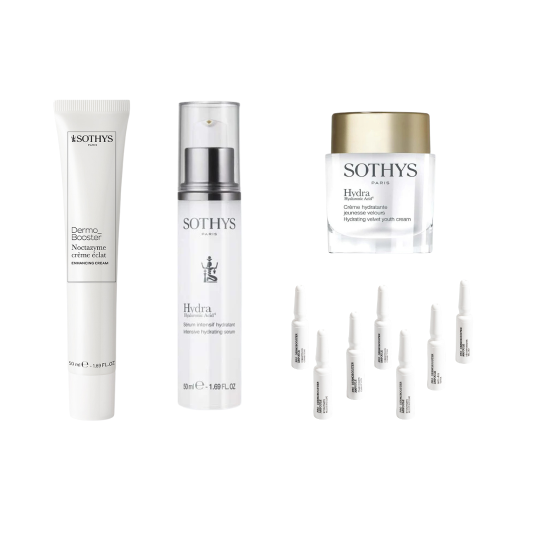 Sothys Routine Booster Hydratation including hydrating ampoules, intense hydrating serum, velvet youth cream, and night cream for normal to dry skin