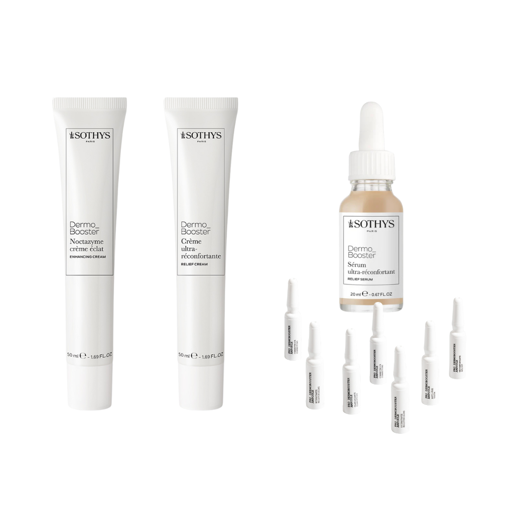 Routine Booster Anti-Rougeur skincare set with ampoules, serum, comforting cream, and night cream for reducing redness and soothing skin.