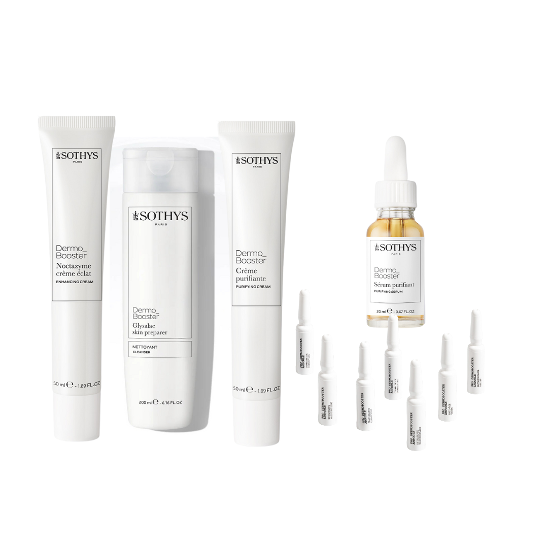 Routine booster anti-imperfection Sothys avec nettoyant, ampoules clarifiantes, sérum purifiant et crème hydratante pour peau mixte à acnéique.