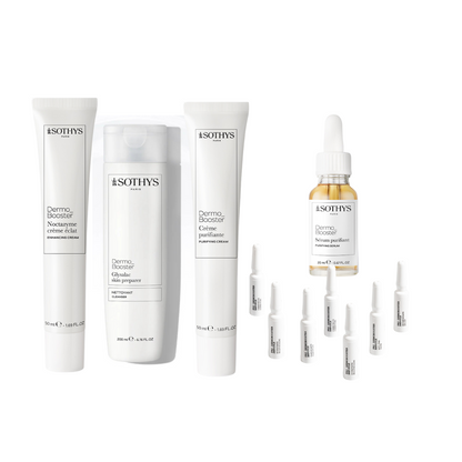 Routine booster anti-imperfection Sothys avec nettoyant, ampoules clarifiantes, sérum purifiant et crème hydratante pour peau mixte à acnéique.