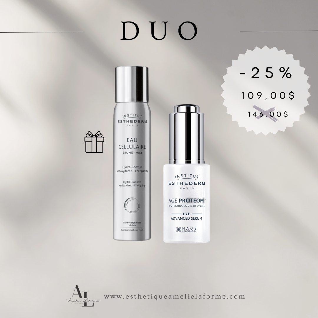 Duo skincare set featuring Sérum yeux Age Proteom anti-aging eye serum and hydrating Eau Cellulaire mist by Institut Esthederm