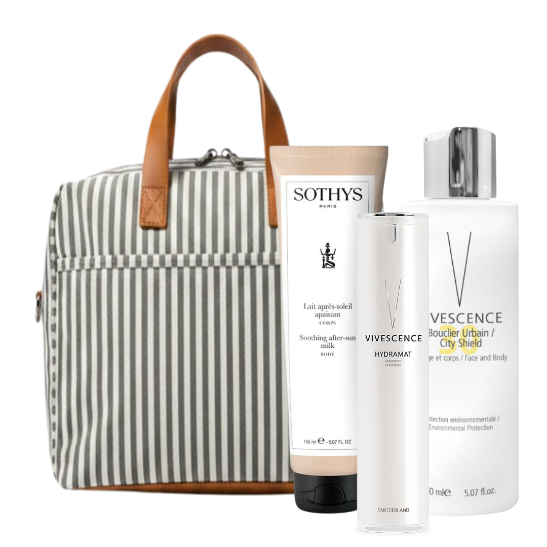 Routine coup coeur soleil skincare set with sunscreen, hydrating gel, and after-sun lotion