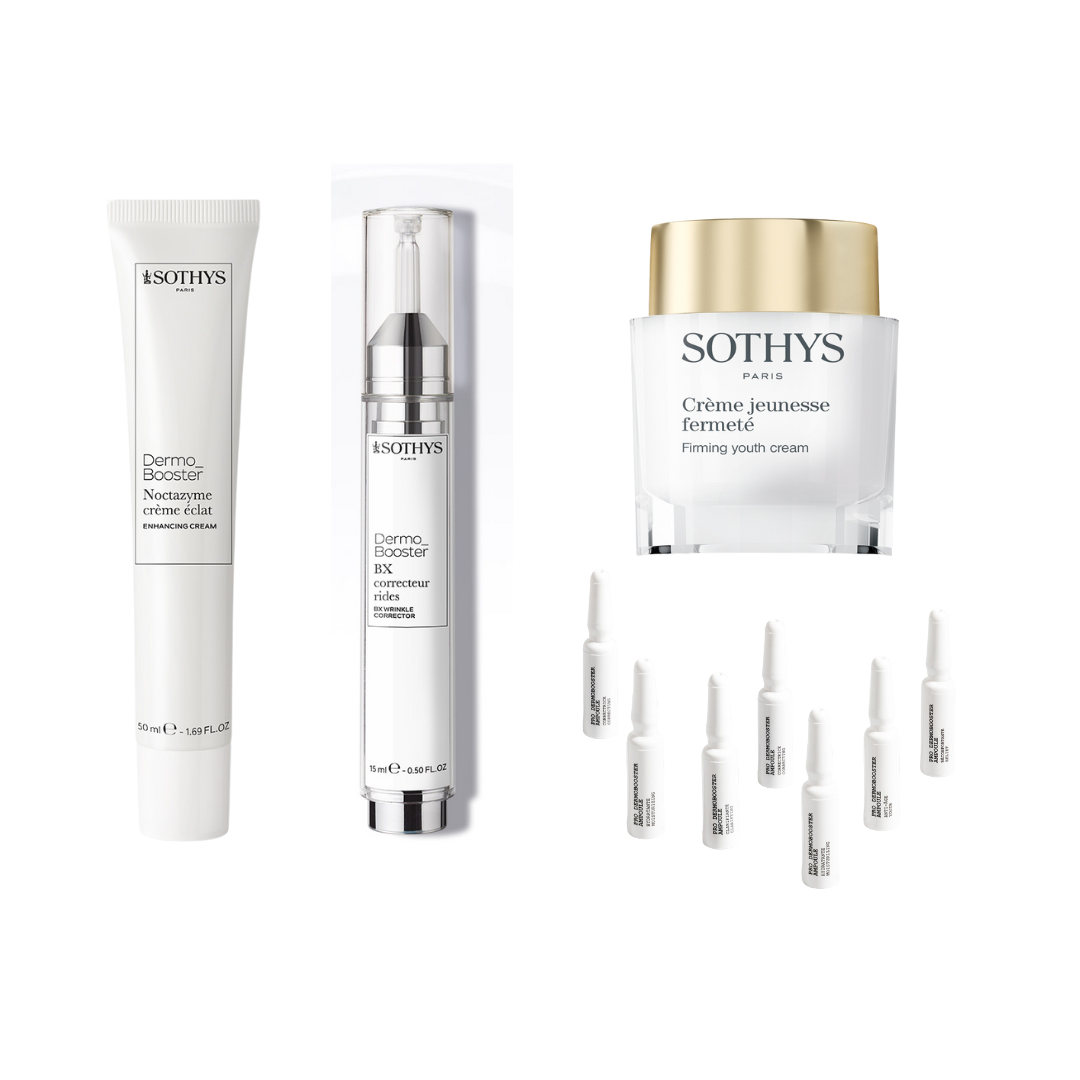 Sothys Routine booster Anti-Âge set with firming youth cream, wrinkle corrector serum, night cream, and anti-aging ampoules