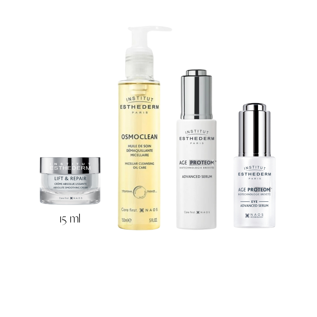 Institut Esthederm Duo Age Proteom serum set with advanced and eye serums, micellar cleansing oil, and smoothing cream.