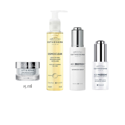 Institut Esthederm Duo Age Proteom serum set with advanced and eye serums, micellar cleansing oil, and smoothing cream.