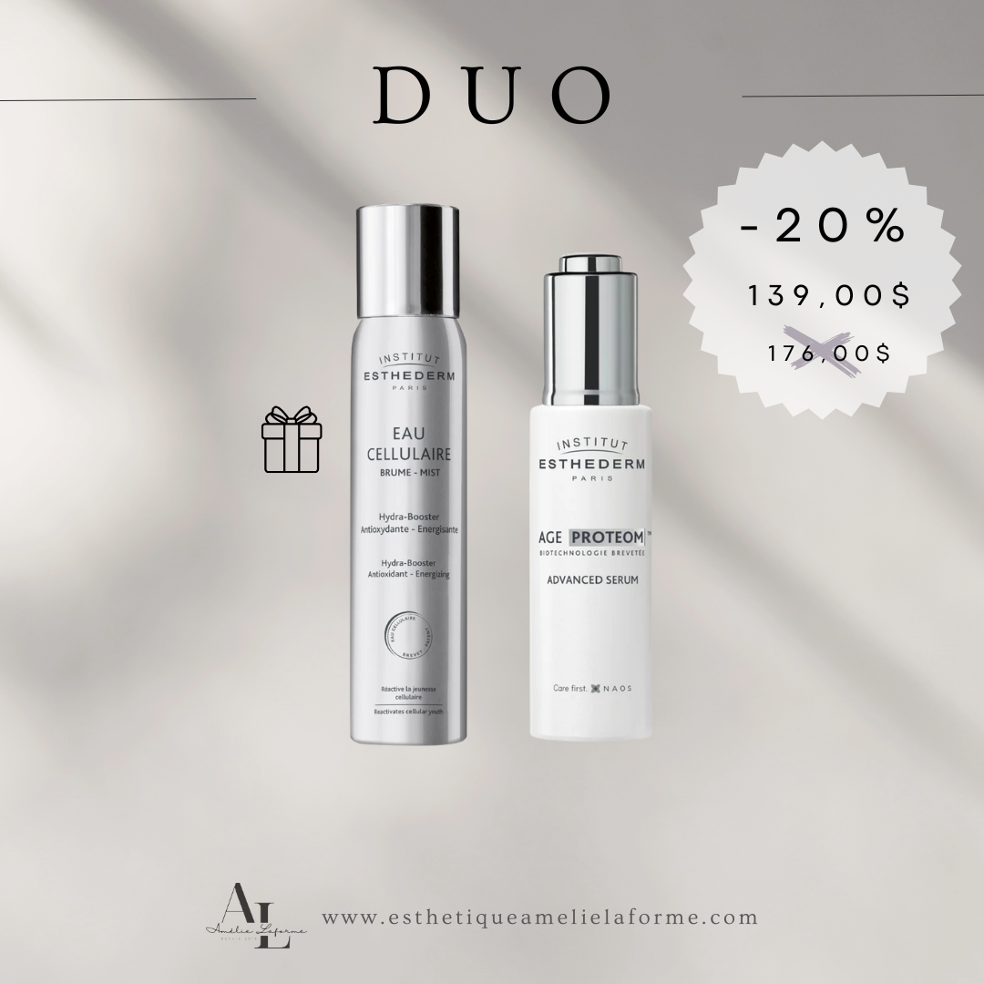 Duo serum Age Proteom with advanced anti-aging serum and hydrating antioxidant mist by Institut Esthederm.