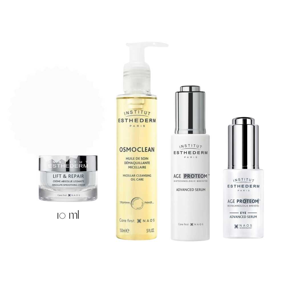 Coffret Sérum Age Proteom avec huile micellaire démaquillante et crème liftante pour peau anti-âge et fermeté.