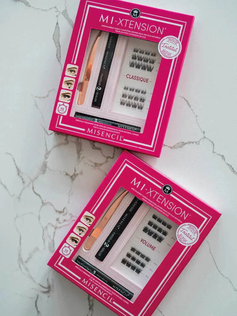 MI-XTENSION Coffret Découverte eyelash extension kit, featuring Classique and Volume options in pink packaging.