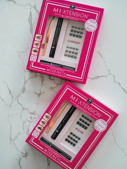 MI-XTENSION Coffret Découverte eyelash extension kit, featuring Classique and Volume options in pink packaging.