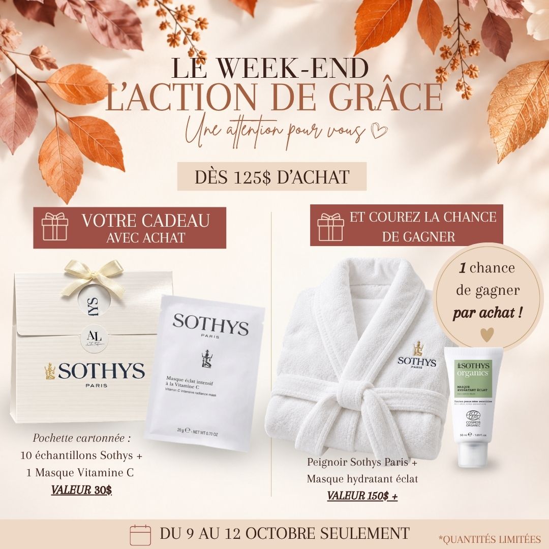 Pochette Cadeau cartonnée Sothys avec ruban doré, accompagnée d’échantillons et d’un masque en feuille Vitamine C.
